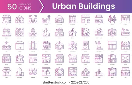 Set of urban buildings icons. Gradient style icon bundle. Vector Illustration