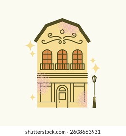 Set urban buildings and shop facades with trees and street lamps isolated on background. Flat vector illustration in cartoon style. Hand drawn city architecture elements. Urban landscape and city