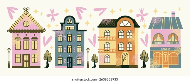Set urban buildings and shop facades with trees and street lamps isolated on background. Flat vector illustration in cartoon style. Hand drawn city architecture elements. Urban landscape and city