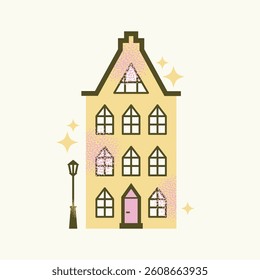 Set urban buildings and shop facades with trees and street lamps isolated on background. Flat vector illustration in cartoon style. Hand drawn city architecture elements. Urban landscape and city