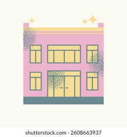Set urban buildings and shop facades with trees and street lamps isolated on background. Flat vector illustration in cartoon style. Hand drawn city architecture elements. Urban landscape and city