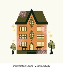 Set urban buildings and shop facades with trees and street lamps isolated on background. Flat vector illustration in cartoon style. Hand drawn city architecture elements. Urban landscape and city