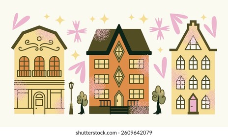 Set urban buildings and shop facades with trees and street lamps isolated on background. Flat vector illustration in cartoon style. Hand drawn city architecture elements. Urban landscape and city