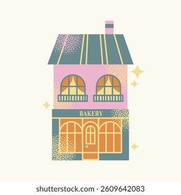 Set urban buildings and shop facades with trees and street lamps isolated on background. Flat vector illustration in cartoon style. Hand drawn city architecture elements. Urban landscape and city