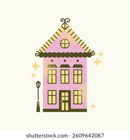 Set urban buildings and shop facades with trees and street lamps isolated on background. Flat vector illustration in cartoon style. Hand drawn city architecture elements. Urban landscape and city