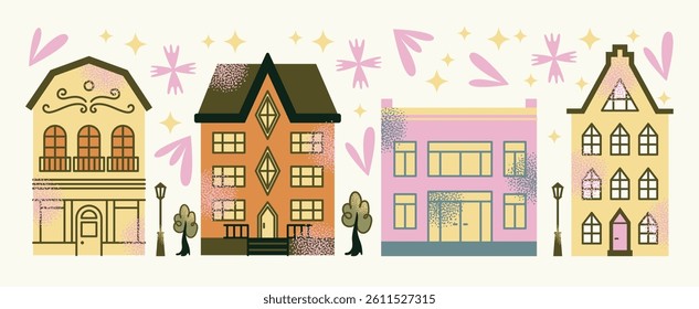 Set urban buildings and shop facades with trees and street lamps isolated on background. Flat vector illustration in cartoon style. Hand drawn city architecture elements. Urban landscape and city
