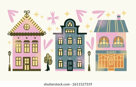 Set urban buildings and shop facades with trees and street lamps isolated on background. Flat vector illustration in cartoon style. Hand drawn city architecture elements. Urban landscape and city
