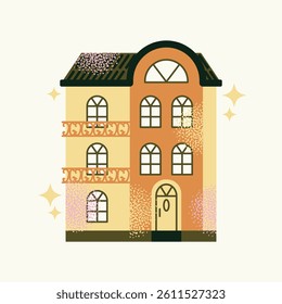 Set urban buildings and shop facades with trees and street lamps isolated on background. Flat vector illustration in cartoon style. Hand drawn city architecture elements. Urban landscape and city
