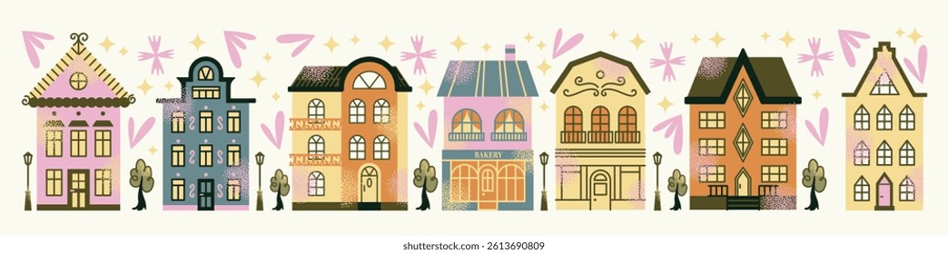 Set urban buildings and shop facades with trees and street lamps isolated on background. Flat vector illustration in cartoon style. Hand drawn city architecture elements. Urban landscape and city