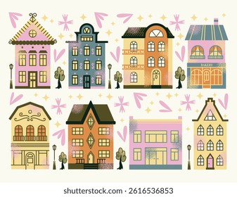 Set urban buildings and shop facades with trees and street lamps isolated on background. Flat vector illustration in cartoon style. Hand drawn city architecture elements. Urban landscape and city