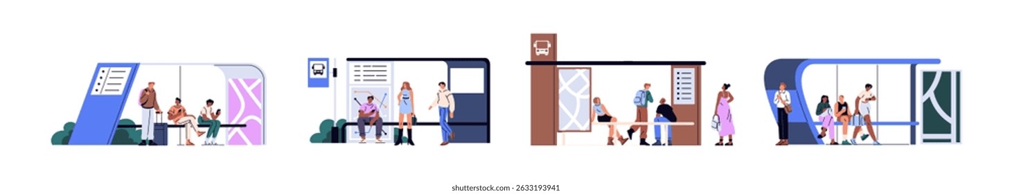 Set of urban bus stops. People are standing, sit on bench, waiting public transport. Passengers are in terminal stations of trolleybus, tramway. Flat isolated vector illustrations on white background