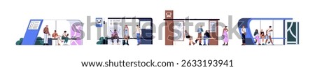 Set of urban bus stops. People are standing, sit on bench, waiting public transport. Passengers are in terminal stations of trolleybus, tramway. Flat isolated vector illustrations on white background
