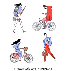 Set of urban characters. Hipster and a girl on a bicycle, a girl and the guy with the phone. Vector illustration