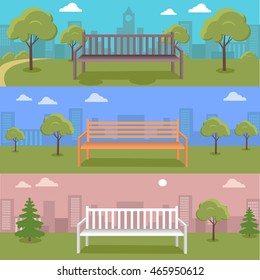 Set of Urban cityscape with park, bench, trees, shrubs, blue sky and white clouds. Silhouettes of buildings. Office buildings, building scenery, urban landscape, urban background, city panorama
