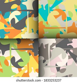Set of urban colorful seamless pattern with chaotic shapes, dots and spots