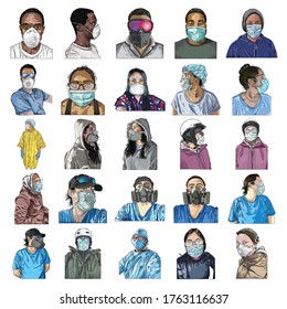 Set of urban commuters, nurses and doctors in protective and medical face mask and glasses. Novel coronavirus COVID-19 new normal social concept, Prevention and quarantine from infections. Vector. 