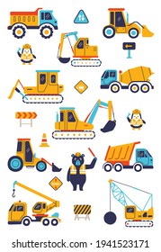 Set of urban construction building with excavator bulldozer backhoe heavy machinery vehicle traffic cones flat vector cartoon illustration
