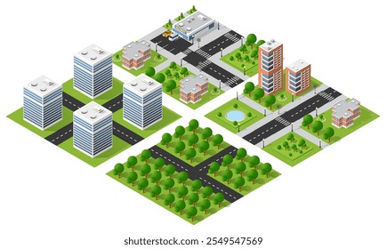 Conjunto de elementos urbanos que formam uma cidade moderna, incluindo arranha-céus, edifícios residenciais, parques, estradas e infraestruturas