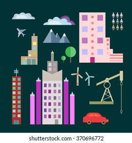 A set of urban environment such as buildings, houses, trees, airplane, clouds, car windmills, mountains, multistory buildings on a dark background.