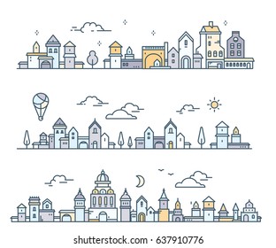 Set of urban european white detailed city with tree, cloud, air balloon. Vector illustration of three different summer city landscape on white background. Thin line art design for web, site, banner