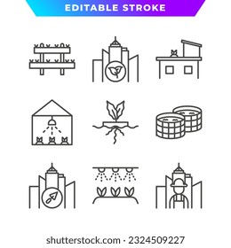 Set of Urban Farming Outline Icon. Hydroponics, City, Farmer, Greenhouse, Biofloc, and More. Editable Stroke. Vector Eps 10