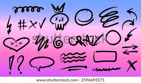 Set of urban graffiti scribbles with dripping ink in Y2K style. Includes scribble, arrows, hearts, skulls, and abstract symbols. Perfect for street art, urban designs, and edgy graphics.