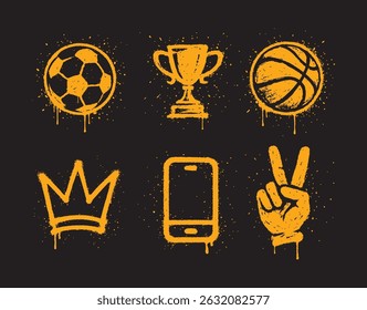 Set of urban graffiti-style icons in editable EPS vector format. Spray-painted illustrations featuring a soccer ball, basketball, trophy, crown, mobile phone, and peace hand gesture (two fingers up).