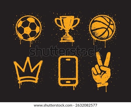 Set of urban graffiti-style icons in editable EPS vector format. Spray-painted illustrations featuring a soccer ball, basketball, trophy, crown, mobile phone, and peace hand gesture (two fingers up).