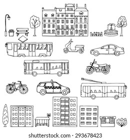 Set urban hand drawn transportation. Vector illustration for backgrounds, card, posters, textile prints, covers, fliers