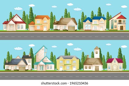 Set of urban houses along the street illustration