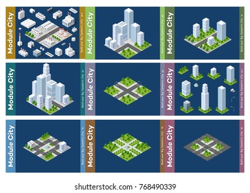 Set Urban Isometric skyscraper area of the city architecture infrastructure with building, transport, streets, houses on skyline landscape