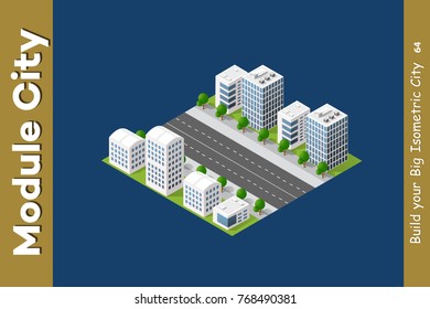 Set Urban Isometric skyscraper area of the city architecture infrastructure with building, transport, streets, houses on skyline landscape