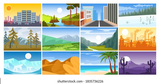 Set of urban landscapes, nature, plant, forest space, city streets with road, winter forest, mountains, ice landscape with iceberg, factory buildings, desert, tropical beach silhouette template vector