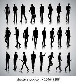 Set of urban male silhouettes on abstract background