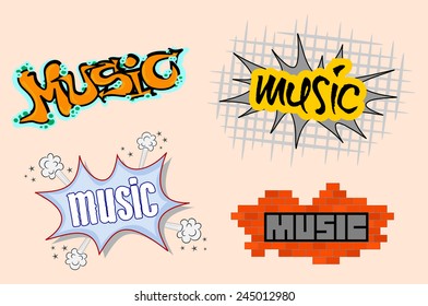 Set Of Urban Music Cool Spray Graffiti Style Illustration. Four Colorful Graphic Design Of Music Graffitti Sketchy Text On The Street Wall. Vector Art Image, Isolated On Beige Background