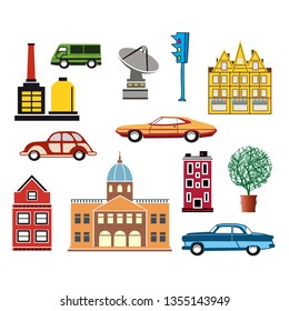 A set of urban objects in a flat style, including trees and vehicles