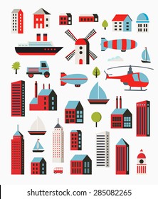 A set of urban objects in a flat style, including trees and vehicles, balloon and boats and yachts.