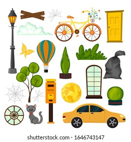 Set of urban objects for your design on a white background. Cartoon style. Vector illustration