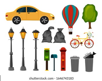Set of urban objects for your design on a white background. Cartoon style. Vector illustration