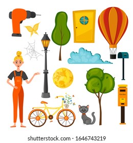 Set of urban objects for your design on a white background. Cartoon style. Vector illustration