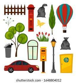 Set of urban objects for your design on a white background. Cartoon style. Vector illustration