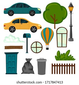 Set of urban objects for your design on a white background. Cartoon style. Vector illustration