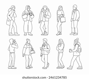 Set of urban people. Line art illustrations isolated on white background. Male and female characters dressed in casual clothes. Standing and walking faceless street people.