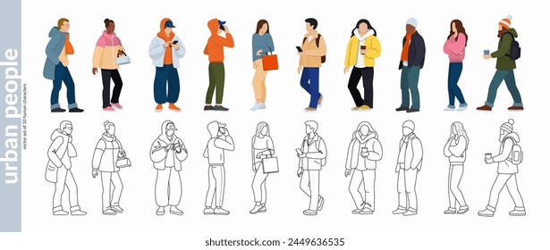 Set of urban people. Male and female characters dressed in casual clothes. Standing and walking faceless street people. Flat vector color and outline illustrations isolated on white background.