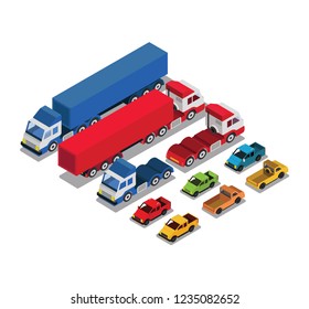 Set of urban public and freight transport cars isometric view front, back
