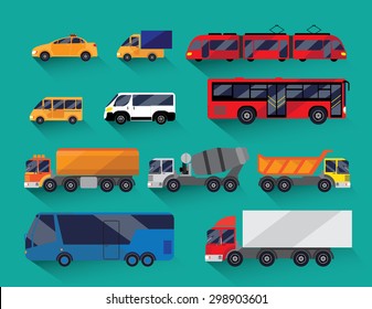 Set of urban public and freight transport. Green background. It includes bus, minibus, taxi, tram and truck fuel truck, cement and others. Performed flat.