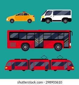 Set of urban public transport. Green background. It includes bus, minibus, taxi, tram. Performed flat.