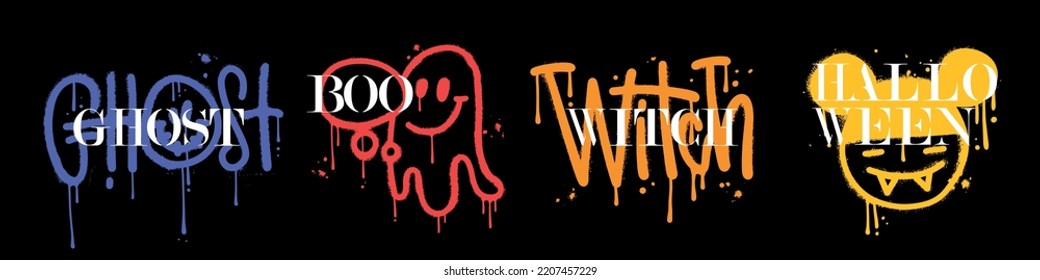 Set of Urban street graffiti style elements with lettering quotes. Witch face with splash effects and drop. Ghost with bubble. Vector Print for graphic tee, card, decoration. Nostalgia for 80s-90s.