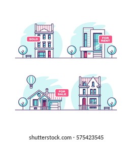 Set of urban and suburban houses. Real estate concept. Vector illustration.