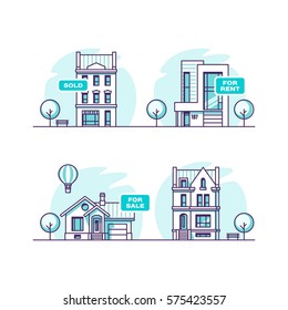 Set of urban and suburban houses. Real estate concept. Vector illustration.